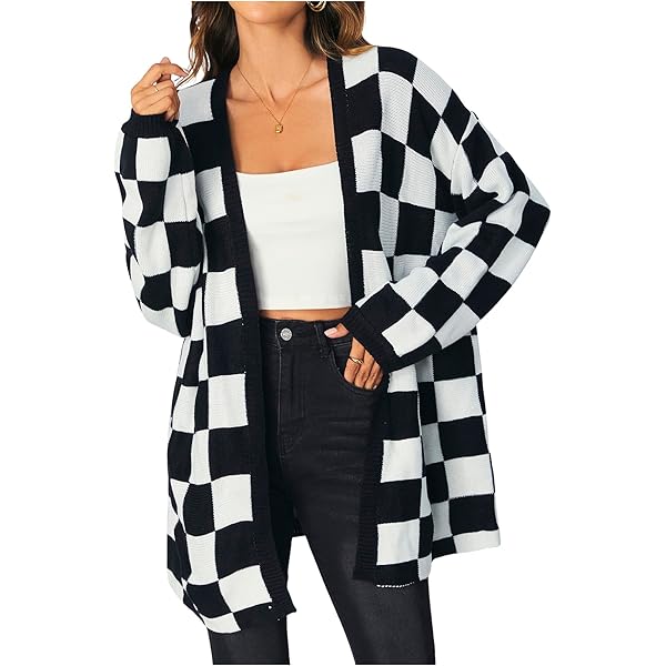 BAIMORE Women's Casual Oversized Checkered Sweater Cardigan